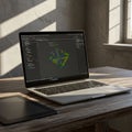 A laptop sits on a wooden table in a sunlit room, displaying a 3D modeling or coding Royalty Free Stock Photo