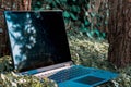 Laptop sitting in the grass under the shade of a tree Royalty Free Stock Photo