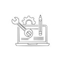 Laptop Sketch with Pencil, Wrench and Gear: Engineering Design and Repair Illustration Royalty Free Stock Photo