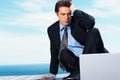 Laptop, sky and business man stress over corporate mistake, company disaster or online website fail, glitch or 404 error Royalty Free Stock Photo