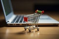 Laptop with small shopping cart. Online shopping. Generative AI Royalty Free Stock Photo