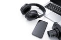 Laptop, smartphone, camera and headphone Royalty Free Stock Photo