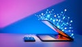 Laptop and smartphone connected by glowing digital network Royalty Free Stock Photo