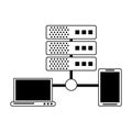 Laptop and smartphone connected to database servers in black and white