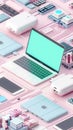 A laptop, smartphone, and other electronic devices are arranged on a pink surface with a circuit board pattern Royalty Free Stock Photo