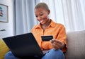 Laptop, smile or black woman online shopping with credit card for digital product with discount code. Deal, promo or Royalty Free Stock Photo