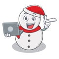 With laptop snowman character cartoon style Royalty Free Stock Photo