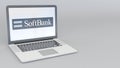 Laptop with SoftBank logo. Computer technology conceptual editorial 3D rendering