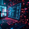 Laptop with Source Code on Screen and Cyber Data Flow Royalty Free Stock Photo
