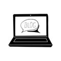 Laptop with speech cloud with blog lettering on screen icon. sketch hand drawn doodle style. vector, minimalism, monochrome.