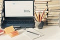 Laptop, stack of books, notebook, pencils in office background for education learning concept Royalty Free Stock Photo
