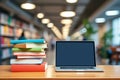 Laptop and Stack of Books on a Wooden Table in a Library A Scene of Learning Knowledge and Modern Education Royalty Free Stock Photo