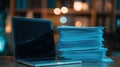 Laptop and Stack of Documents Office Work Business Paperwork Royalty Free Stock Photo