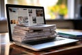 Laptop with stack of newspapers on the table in the office, Laptop and newspapers on the table, closeup. Business concept, AI Royalty Free Stock Photo