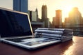 Laptop and stack of newspapers on wooden table with city skyline background, Laptop and newspapers on the table, closeup. Business Royalty Free Stock Photo