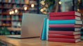 The laptop and stacked books.AI generated image Royalty Free Stock Photo