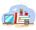 Laptop with stacks of books, an apple, pencils, a magnifying glass and a paper plane. Illustration in power flat Royalty Free Stock Photo