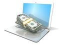 Laptop with stacks of hundreds dollars. Concept of online business - earning, banking and shopping