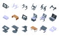 Laptop stand icons set isometric vector. Compute work