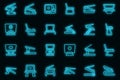Laptop stand icons set outline vector. Compute work vector neon