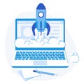 Laptop startup. Web creative strategy success launch rocket logo, business solutions flat vector illustration Royalty Free Stock Photo