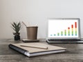 Laptop with statistics chart on screen, flower and office supplies. Horizontal Royalty Free Stock Photo