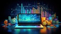 Laptop with stock market graph on dark background. 3d rendering