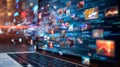 Laptop streaming images with programming code in the background, representing the concept of digital data Royalty Free Stock Photo