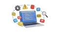 Laptop surrounded by 3D icons representing coding and development Royalty Free Stock Photo