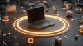 Laptop surrounded by glowing orange circles and futuristic technology elements on dark surface. Generative AI Royalty Free Stock Photo