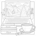 The laptop is on the table with books and a cup of coffee.Coloring book antistress for children and adults