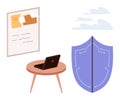 Digital Protection Concept with Laptop, Shield, and Workspace Elements Royalty Free Stock Photo