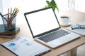 Laptop on table. Working place table.