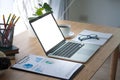 Laptop on table. Working place table.