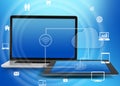 Laptop and tablet with icons networked wi-fi. Royalty Free Stock Photo