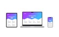 Laptop, tablet, and phone displays feature responsive website creator interfaces