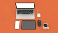 Laptop tablet phone earbuds mouse and coffee on orange background computer smartphone Royalty Free Stock Photo