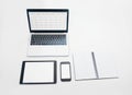 Laptop, tablet and phone mockup with notebook above for schedule planning, advertising or marketing. Computer