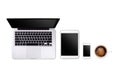 Laptop tablet smartphone and coffee on white background with text space and copy space Royalty Free Stock Photo