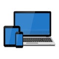 Laptop, tablet and smartphone with empty blue screen Royalty Free Stock Photo