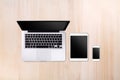 Laptop tablet and smartphone on white background with text space and copy space Royalty Free Stock Photo