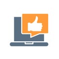 Laptop with thumb up in speech bubble colored icon. User feedback, message with like symbol