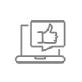 Laptop with thumb up in speech bubble line icon. User feedback, message with like symbol