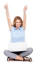 Laptop, thumbs up and business woman on studio floor happy, excited and winning on white background. Portrait, hand and