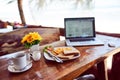 Laptop, travel or empty table at cafe for remote workspace in the morning with connection. Background, internet or Royalty Free Stock Photo