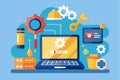 Laptop troubleshooting service concept featuring tools, gears, and a loading screen showcasing repair and maintenance activities Royalty Free Stock Photo