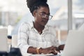 Laptop, typing and business woman for online research, editing or copywriting at her office desk with email. Planning Royalty Free Stock Photo