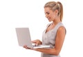 Laptop, typing and profile of business woman review financial portfolio, stock market or online investment. Economy