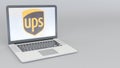 Laptop with United Parcel Service UPS logo. Computer technology conceptual editorial 3D rendering