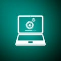 Laptop update process with gearbox progress and loading bar icon isolated on green background. System software update